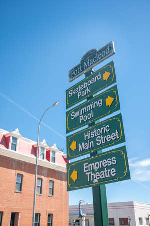 Fort MacLeod, Alberta - June 13, 2021: Historic sign in the heart of Fort McLeod's beautiful downtown.のeditorial素材