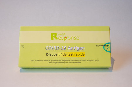 Calgary, Alberta - February 4:  Covid-19 rapid antigen test kit boxes.のeditorial素材