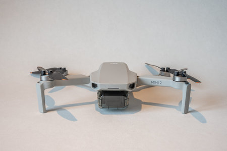 Calgary, Alberta - February 4: DJI Mini 2 drone on white background.