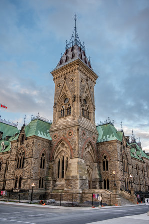 Ottawa, Ontario - October 18, 2022: The East Block on Canada's Parliament Hill  seen rising in the nation's capital.のeditorial素材