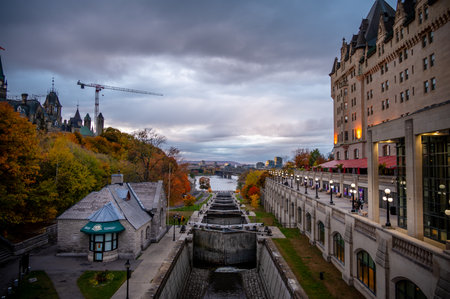 Ottawa, Ontario - October 18, 2022:  View of the Rideau Canal along Parliament Hill and the Chateau Laurier.のeditorial素材