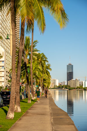 Honolulu, Hawaii - December 26, 2022: Views along the Ala Wai Canal that surrounds the Honolulu neighbourhood of Waikiki.のeditorial素材