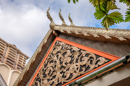 Honolulu, Hawaii - December 26, 2022: Detail of asian influenced architecture at the Hilton Hawaiian...