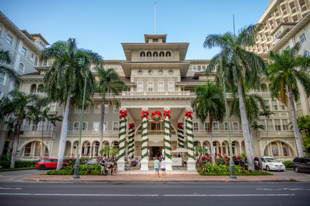 Honolulu, Hawaii - December 27, 2022: Facade of Westin's landmark Moana Surfrider hotel in Waikiki at Christmas time.のeditorial素材
