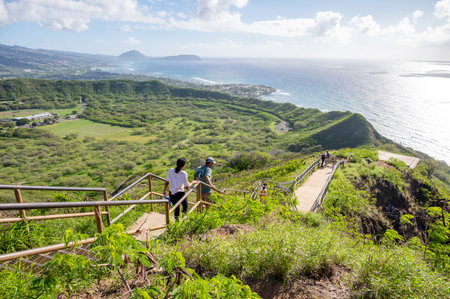 Honolulu, Hawaii - December 27, 2022:  Tourists hiking on the Diamond Head lookout trail.のeditorial素材