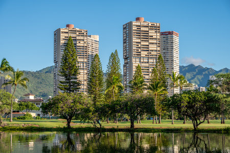 Views along the Ala Wai Canal that surrounds the Honolulu neighbourhood of Waikiki.の写真素材