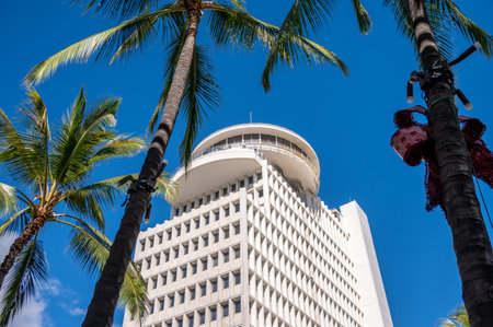 Honolulu, Hawaii - December 30, 2022: Looking up at the Waikiki Galleria Tower on Kalakaua Ave.のeditorial素材