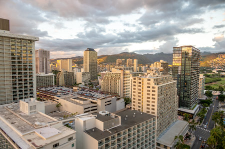 Waikiki skyline on a beautiful eveningの写真素材