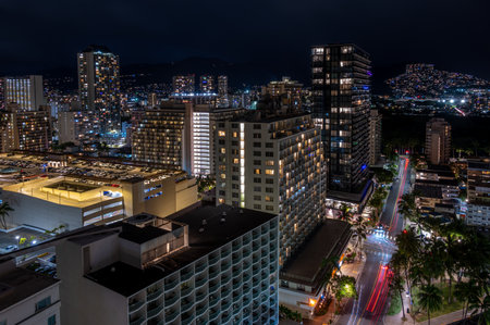 Waikiki skyline at night looking to the mountans.の写真素材