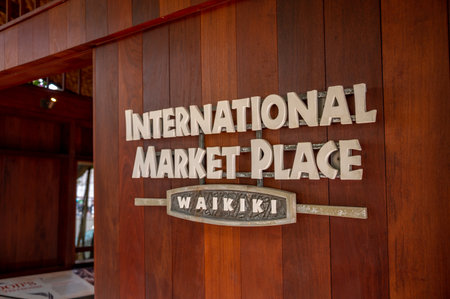 Honolulu, Hawaii - January 2, 2023: signage inside Waikiki's landmark International Market Place shopping area.のeditorial素材