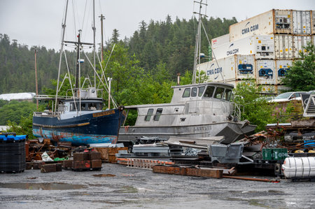 Sitka, Alaska - July 26, 2022: Abandoned fishing vessels in the town of Sitka.のeditorial素材