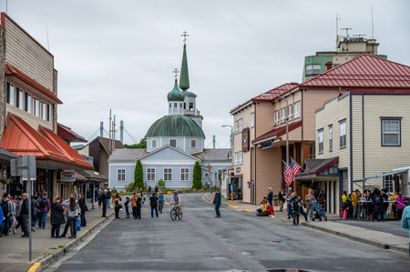 Sitka, Alaska - July 26, 2022 - View of Sitka's historic main street. Historic St. Michael's Orthodox Church is visible.のeditorial素材