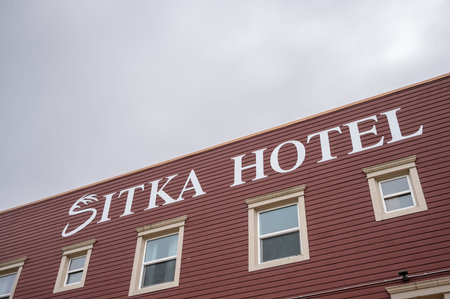 Sitka, Alaska - July 26, 2022 - View of Sitka's historic main street. Historic Sitka hotel visible.のeditorial素材