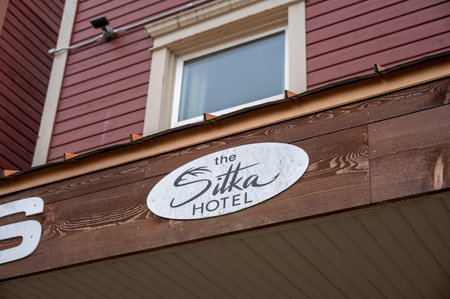 Sitka, Alaska - July 26, 2022 - View of Sitka's historic main street. Historic Sitka hotel visible.のeditorial素材