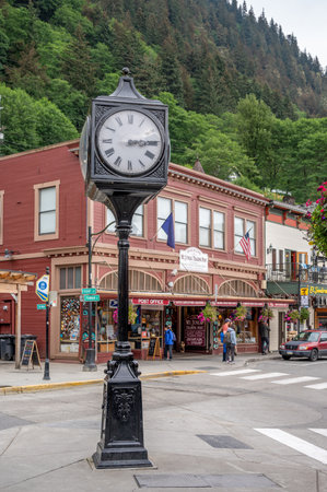 Juneau, Alaska - July 27, 2022: Central Juneau Alaska is home to many tourist shops, restaurants and landmarks.View of historic clock.のeditorial素材