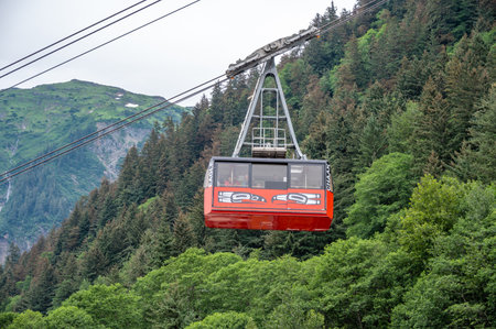 Juneau, Alaska - July 27, 2022: View of the tram in Juneau that travels from the cruise port to the top of Mount Roberts.のeditorial素材