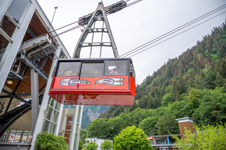 Juneau, Alaska - July 27, 2022: View of the tram in Juneau that travels from the cruise port to the top of Mount Roberts.のeditorial素材