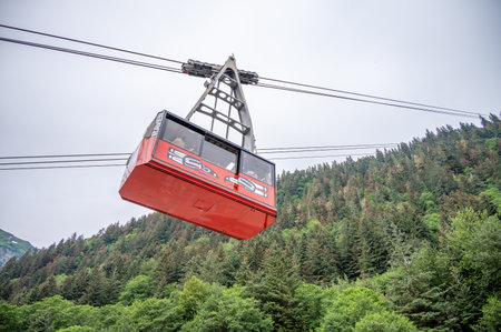 Juneau, Alaska - July 27, 2022: View of the tram in Juneau that travels from the cruise port to the top of Mount Roberts.のeditorial素材