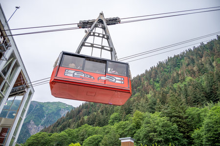 Juneau, Alaska - July 27, 2022: View of the tram in Juneau that travels from the cruise port to the top of Mount Roberts.のeditorial素材