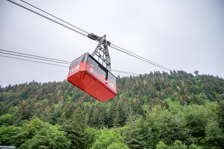 Juneau, Alaska - July 27, 2022: View of the tram in Juneau that travels from the cruise port to the top of Mount Roberts.のeditorial素材