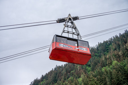 Juneau, Alaska - July 27, 2022: View of the tram in Juneau that travels from the cruise port to the top of Mount Roberts.のeditorial素材