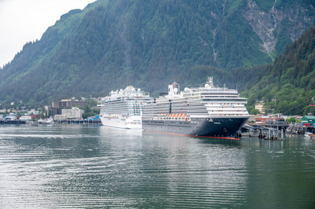 Juneau, Alaska - July 27, 2022: Dicovery Princess and the Noordam at the cruise dock in Juneau.のeditorial素材