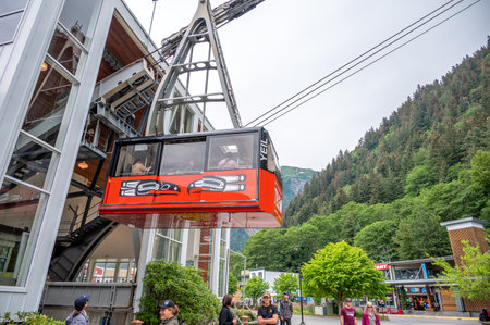 Juneau, Alaska - July 27, 2022: View of the tram in Juneau that travels from the cruise port to the top of Mount Roberts.のeditorial素材