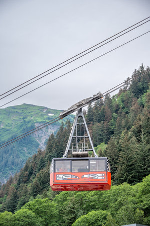 Juneau, Alaska - July 27, 2022: View of the tram in Juneau that travels from the cruise port to the top of Mount Roberts.のeditorial素材