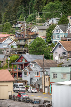 Ketchikan, Alaska - July 29, 2022: Views of the historic wooden buildings in the popular cruise destination of Ketchikan.のeditorial素材