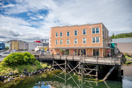 Ketchikan, Alaska - July 29, 2022: Famous Creek Street national historic site in the heart of Kethickan.のeditorial素材