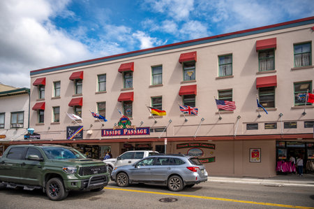 Ketchikan, Alaska - July 29, 2022: Views of the historic wooden buildings in the popular cruise destination of Ketchikan.のeditorial素材