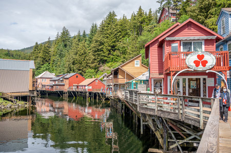 Ketchikan, Alaska - July 29, 2022: Famous Creek Street national historic site in the heart of Kethickan.のeditorial素材