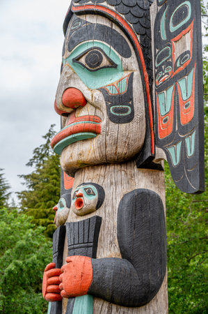 Ketchikan, Alaska - July 29, 2022: Tlinget totem poles in Ketchikan.のeditorial素材