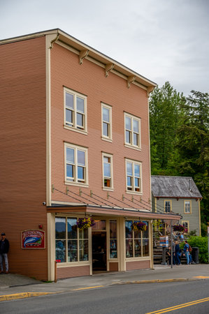 Ketchikan, Alaska - July 29, 2022: Views of the historic wooden buildings in the popular cruise destination of Ketchikan. Salmon Market.のeditorial素材