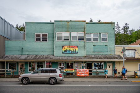 Ketchikan, Alaska - July 29, 2022: Views of the historic wooden buildings in the popular cruise destination of Ketchikan. Salmon Market.のeditorial素材