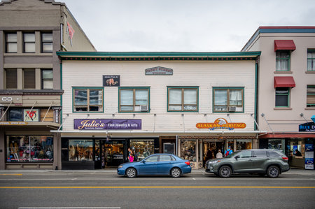 Ketchikan, Alaska - July 29, 2022: Views of the historic wooden buildings in the popular cruise destination of Ketchikan. Salmon Market.のeditorial素材