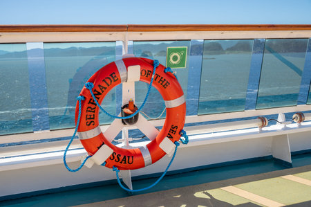 British Columbia - July 30, 2022: life preserver on the deck of the Serenade of the Seas off...