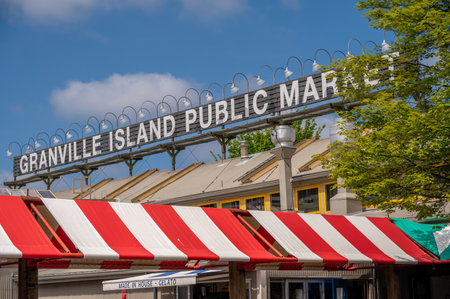 Vancouver, British Columbia - May 27, 2023: Views of Vancouver's landmark attraction - Granville Island Public Market, restaurants, and shops.のeditorial素材