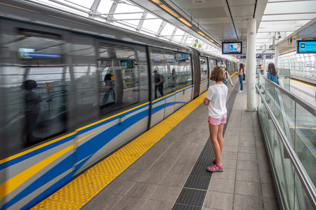 Vancouver, British Columbia - May 27, 2023: Views of the Main Street Science World sky train station.のeditorial素材