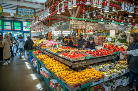 Vancouver, British Columbia - May 27, 2023: Views of Vancouver's landmark attraction - Granville Island Public Market, restaurants, and shops.のeditorial素材