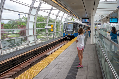Vancouver, British Columbia - May 27, 2023: Views of the Main Street Science World sky train station.のeditorial素材