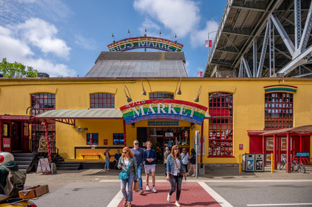Vancouver, British Columbia - May 27, 2023: Views of Vancouver's landmark attraction - Granville Island Public Market, restaurants, and shops.のeditorial素材