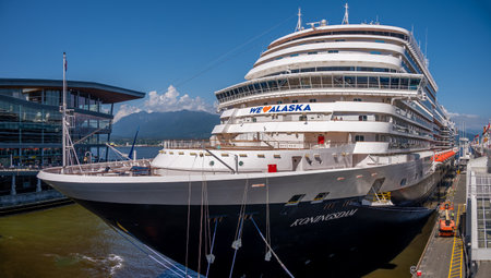 Vancouver, British Columbia - May 27, 2023: Holland-America cruise ship loading for an Alaskan cruise.のeditorial素材