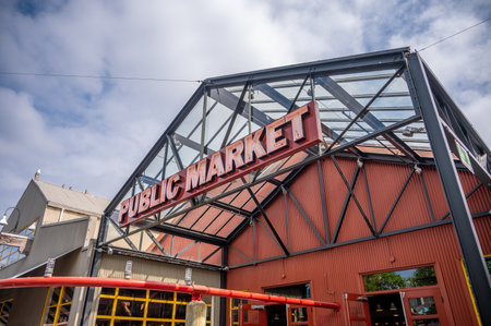 Vancouver, British Columbia - May 27, 2023: Views of Vancouver's landmark attraction - Granville Island Public Market, restaurants, and shops.のeditorial素材