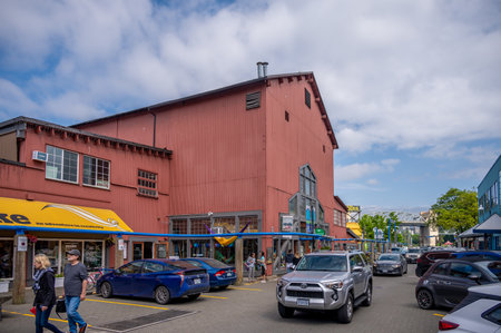 Vancouver, British Columbia - May 27, 2023: Views of Vancouver's landmark attraction - Granville Island Public Market, restaurants, and shops.のeditorial素材