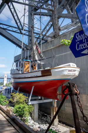Vancouver, British Columbia - May 27, 2023: Views of Vancouver's landmark attraction - Granville Island Public Market, restaurants, and shops.のeditorial素材