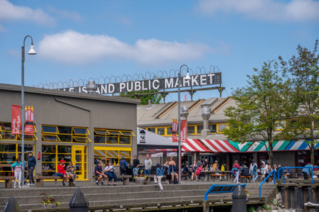 Vancouver, British Columbia - May 27, 2023: Views of Vancouver's landmark attraction - Granville Island Public Market, restaurants, and shops.のeditorial素材