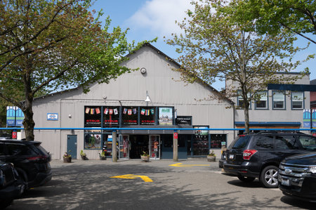 Vancouver, British Columbia - May 27, 2023: Views of Vancouver's landmark attraction - Granville Island Public Market, restaurants, and shops.のeditorial素材