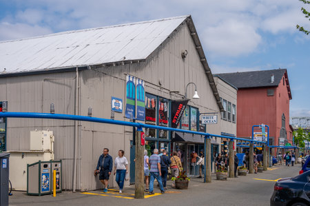 Vancouver, British Columbia - May 27, 2023: Views of Vancouver's landmark attraction - Granville Island Public Market, restaurants, and shops.のeditorial素材