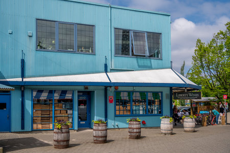 Vancouver, British Columbia - May 27, 2023: Views of Vancouver's landmark attraction - Granville Island Public Market, restaurants, and shops.のeditorial素材